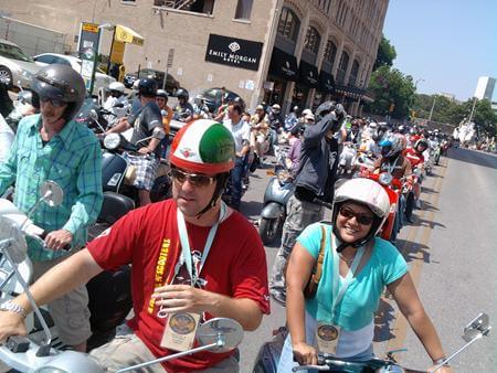 Thovas and Tina Brown at Vespa scooter rally in downtown San Antonio Thovas and Tina Brown at Vespa scooter rally in downtown San Antonio