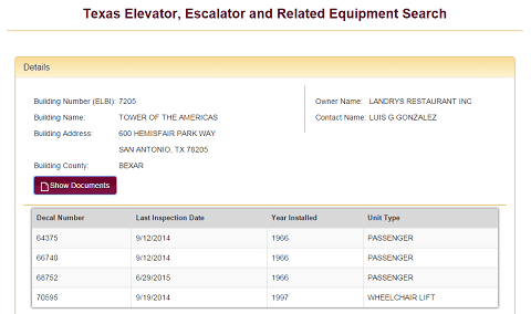 Elevator inspection page on TDLR's website